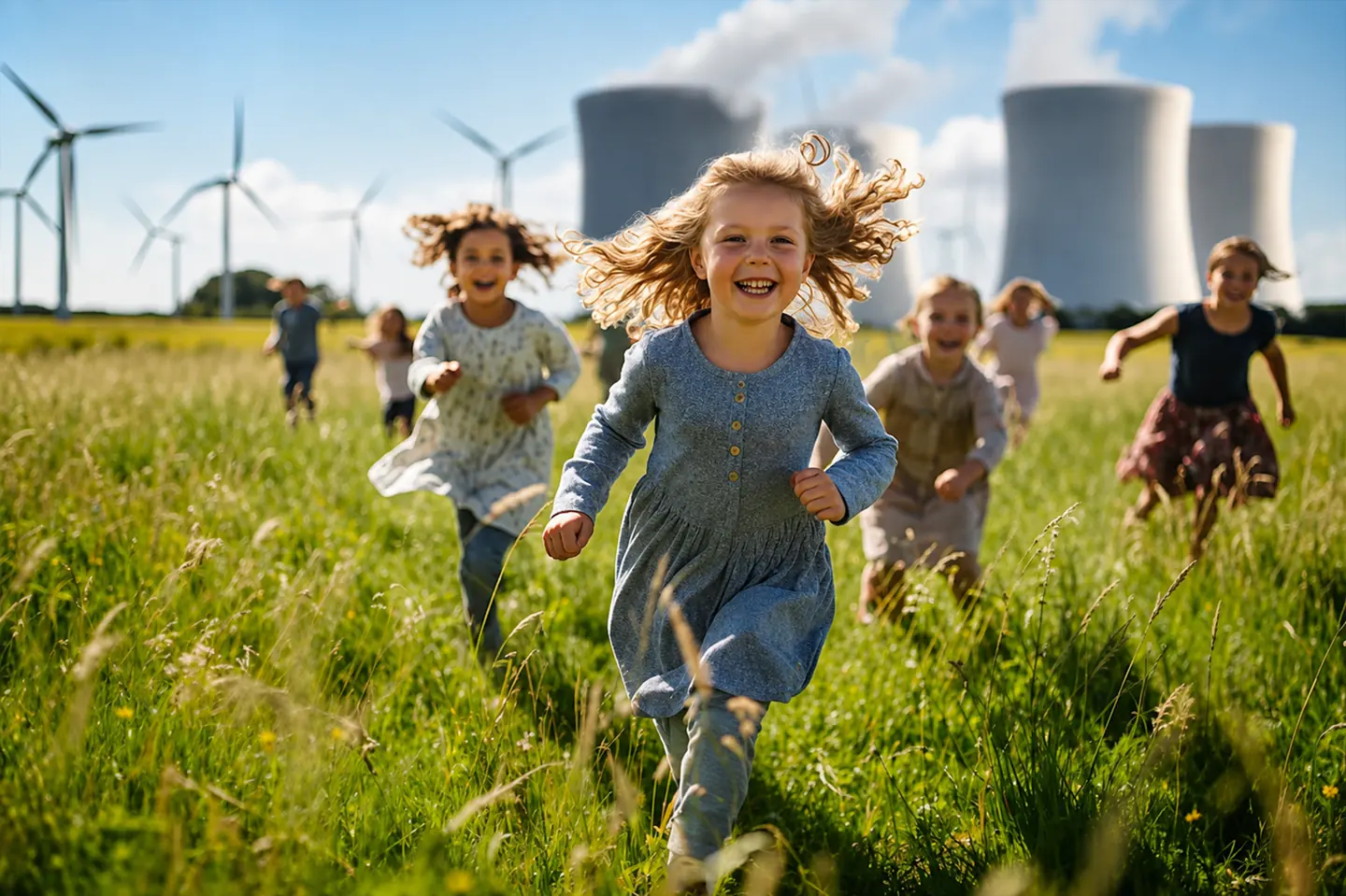 Children running through a sunny meadow with wind turbines and nuclear cooling towers in the background