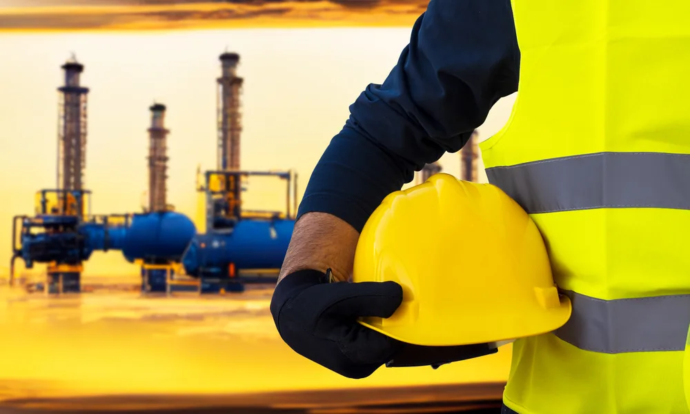 Worker holding a yellow hard hat in front of a refinery at sunset