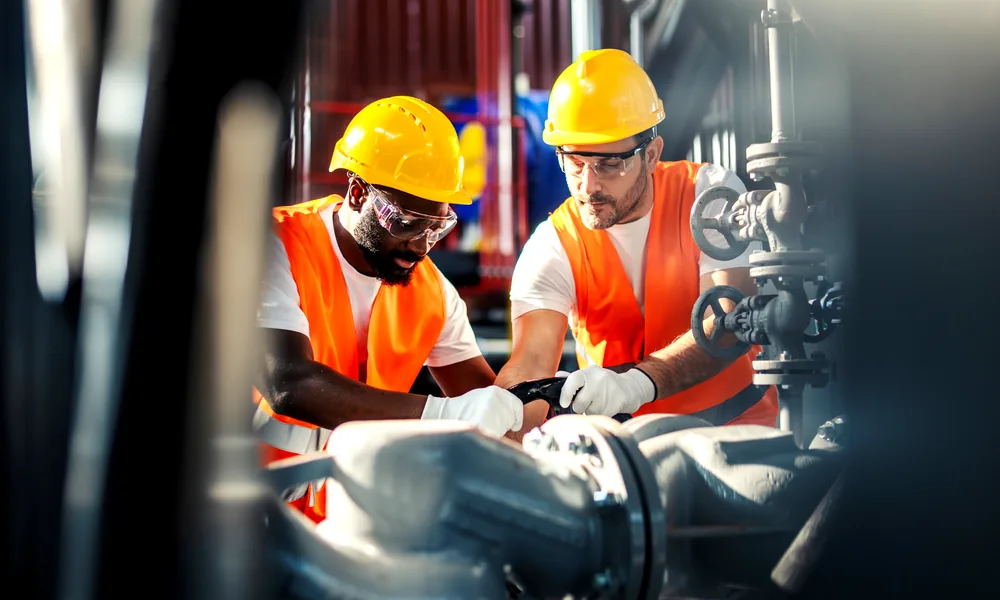 Two engineers in hard hats servicing industrial pipework and valves