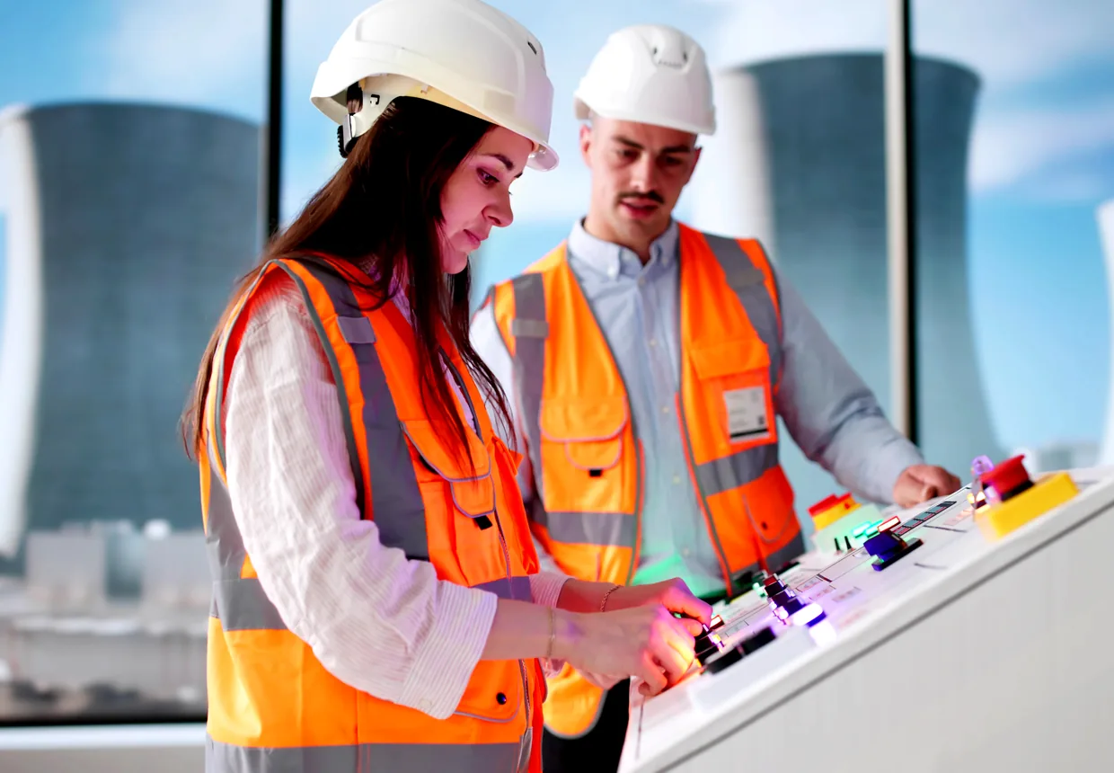 Two engineers in high-visibility vests reviewing a device, cooling towers behind them